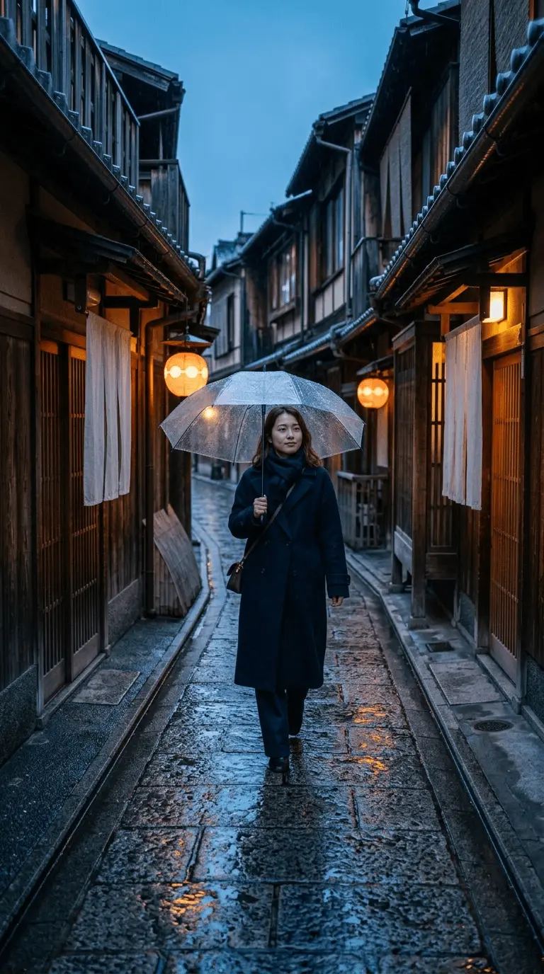 Rain-soaked Japanese street at night