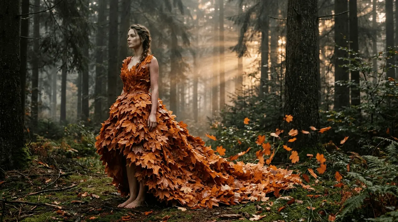 Woman wearing a leaf dress