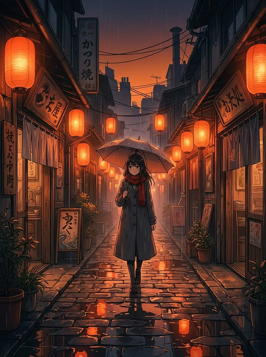 Anime scene in the rain